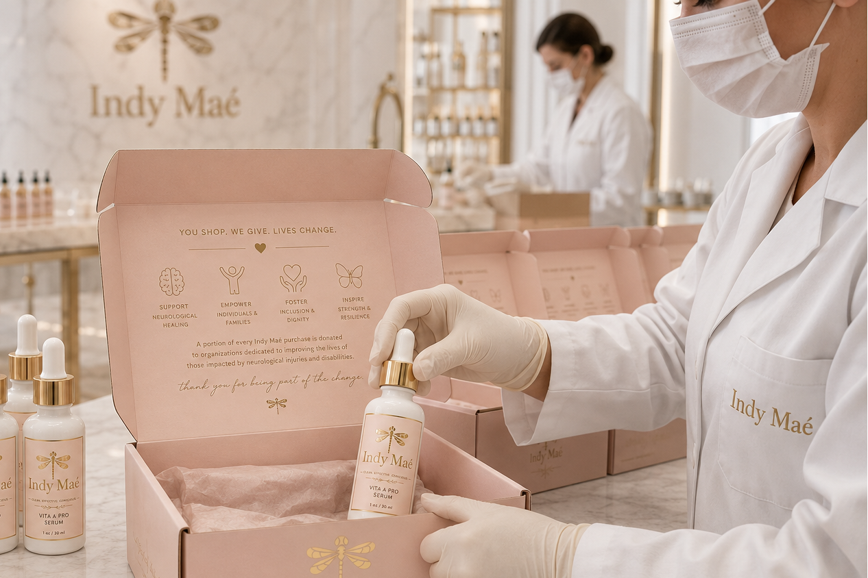 Person in a white coat and gloves handling Indy Mae skincare products in a store setting.